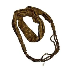 Infinity Scarf Paisley Wrap Olive Green Yellow 3 Strands Beads Necklace